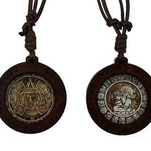 Mayan Necklace Aztec Necklace Mexican Jewelry Maya Calendar Pendant Art - TWO Ne